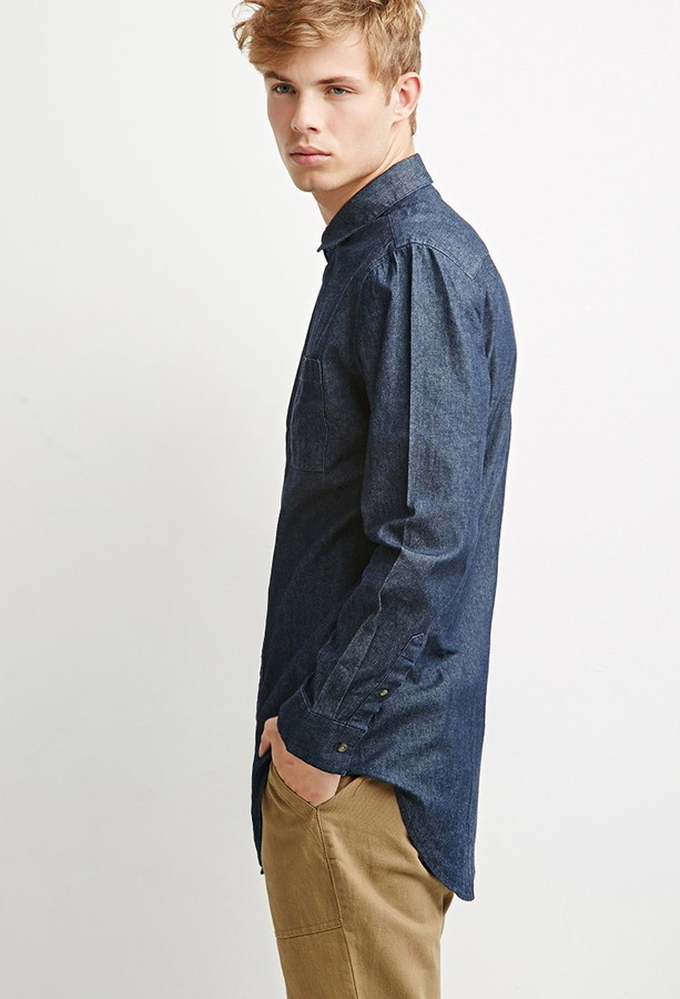 21men 21 Longline Denim Shirt, $19 | Forever 21 | Lookastic