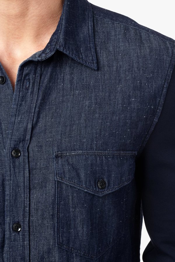7 For All Mankind Contrast Knit Sleeve Shirt In Indigo, $168 | 7 For ...