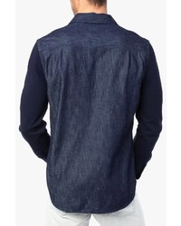 7 For All Mankind Contrast Knit Sleeve Shirt In Indigo