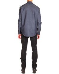 Givenchy Contrast Stitching Denim Shirt With Leather Detail Navy