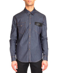 Givenchy Contrast Stitching Denim Shirt With Leather Detail Navy