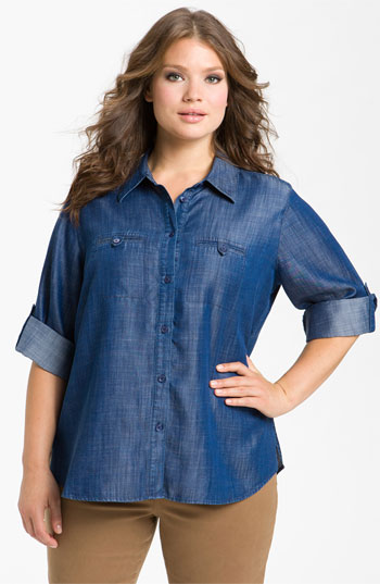 Foxcroft Roll Sleeve Denim Shirt Navy 20 W, $94 | Nordstrom | Lookastic