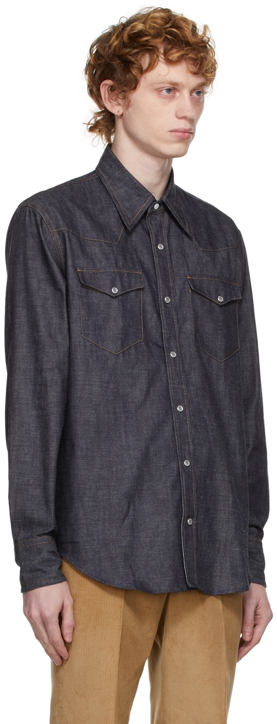 Husbands Navy Selvedge Denim Western Shirt, $340 | SSENSE | Lookastic