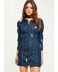 Missguided Blue Fitted Ripped Denim Shirt Dress