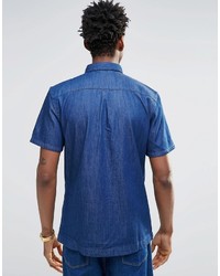 WÅVEN Waven Regular Fit Denim Shirt Josef Short Sleeve Mid Blue Front Seam Pocket