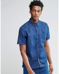 WÅVEN Waven Regular Fit Denim Shirt Josef Short Sleeve Mid Blue Front Seam Pocket