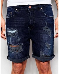 Asos Brand Denim Shorts In Slim Fit Mid Length With Rip And Repair