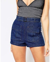 Asos Collection Denim Patch Pocket Belted Short In Mid Wash Blue With Tobacco Stitching