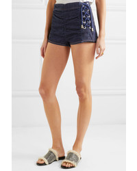 Carven Lace Up Ruched Denim Shorts