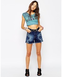 Your Eyes Lie Low Rise Denim Shorts With Patchwork Distressing