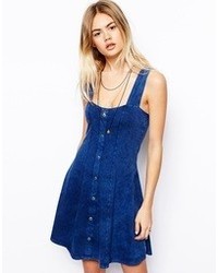 Asos Skater Dress In Washed Denim With Button Through Blue