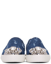 Miu Miu Blue Denim And Crystal Slip On Sneakers