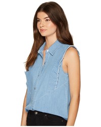 7 For All Mankind Sleeveless Ruffled Denim Shirt In Skyway Authentic Blue T Shirt