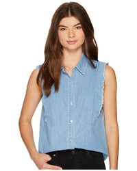 7 For All Mankind Sleeveless Ruffled Denim Shirt In Skyway Authentic Blue T Shirt