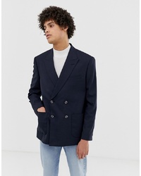 ASOS DESIGN Boxy Oversized Double Breasted Blazer With Cross Hatch In Navy