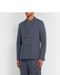 Mr P. Dark Blue Unstructured Double Breasted Linen And Cotton Blend Suit Jacket
