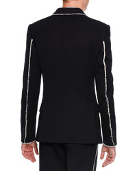 Alexander McQueen Double Breasted Blazer With Fringed Edges Navy