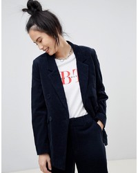 Pull&Bear Double Breasted Cord Blazer In Navy