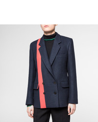 Paul Smith Navy Dogtooth Wool Double Breasted Blazer With Stripe