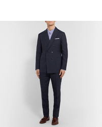 Brunello Cucinelli Navy Double Breasted Pinstriped Wool Linen And Silk Blend Suit Jacket