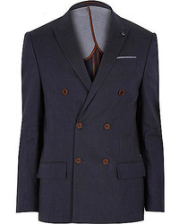 River Island Navy Linen Blend Double Breasted Blazer