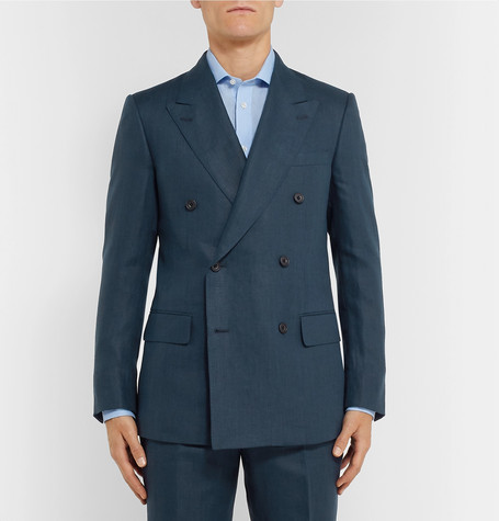 GentWith Pierre Sky Blue Slim Fit Double Breasted Linen Suit