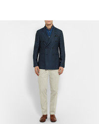 Caruso Navy Slim Fit Double Breasted Silk Blazer