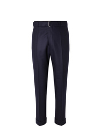 Officine Generale Navy Ollie Tapered Cropped Belted Wool Flannel Trousers