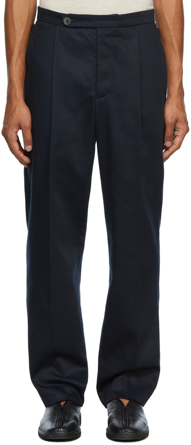 King & Tuckfield Navy Pleat Trousers, $405 | SSENSE | Lookastic