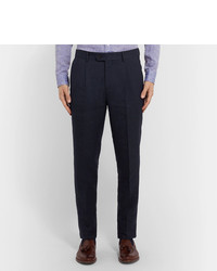 Brunello Cucinelli Navy Slim Fit Pinstriped Wool Linen And Silk Blend Suit Trousers