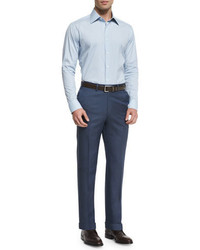 Brioni Phi Flat Front Twill Trousers Blue
