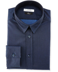 Versace Button Front Textured Dress Shirt Dark Blue