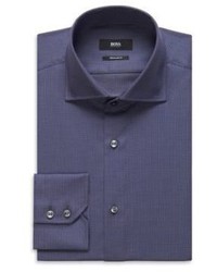 Hugo Boss Gerald Regular Fit Spread Collar Textured Cotton Dress Shirt 15 Blue