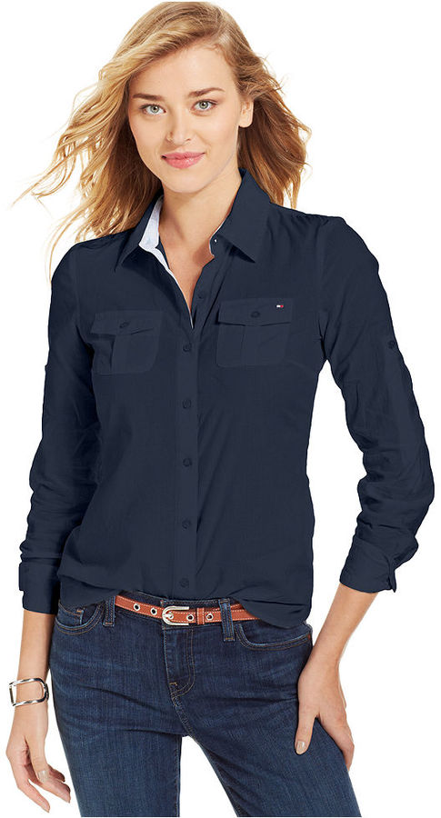 Tommy Hilfiger Long Sleeve Contrast Trim Down Shirt, $59 | | Lookastic