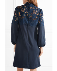 Lela Rose Guipure Lace Paneled Crepe De Chine Dress Storm Blue