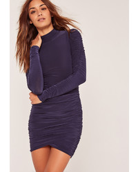 Missguided Slinky High Neck Ruched Mini Dress Blue