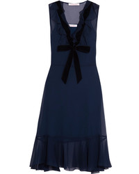 See by Chloe See By Chlo Velvet Trimmed Ruffled Chiffon Dress Navy
