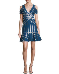 Herve Leger Veronikka Cold Shoulder Metallic Grid Dress Blue
