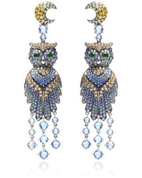 Wendy Yue Owl Chandelier Earrings Blue Multi