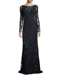 Theia Long Sleeve Beaded Embellished Sheath Gown Midnight