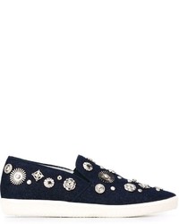 Navy Embellished Canvas Slip-on Sneakers