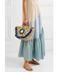 Sicily Bag Maiolica Embellished Printed Canvas And Woven Straw Tote