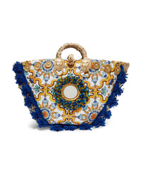 Sicily Bag Maiolica Embellished Printed Canvas And Woven Straw Tote