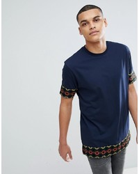 ASOS DESIGN Relaxed Longline T Shirt With Aztec Taping In Navy