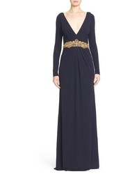 Badgley Mischka Couture Embellished Waist Plunging V Neck Jersey Gown