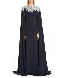 Oscar de la Renta Embellished Cape Silk Gown