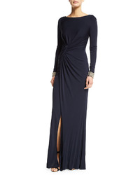 David Meister Embellished Cuff Ruched Gown Navy