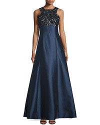 Monique Lhuillier Sleeveless Embellished Bodice Ball Gown Navy