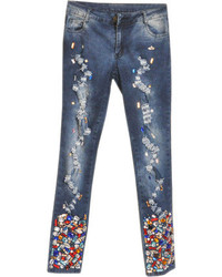Choies Blue Elasticity Skinny Jeans With Multi Jewel Sequin