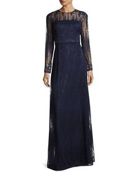 David Meister Long Sleeve Embellished Illusion Lace Gown